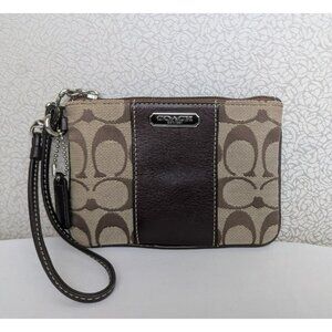 Coach Signature Stripe Wristlet Canvas Leather Khaki Mahogany Silver